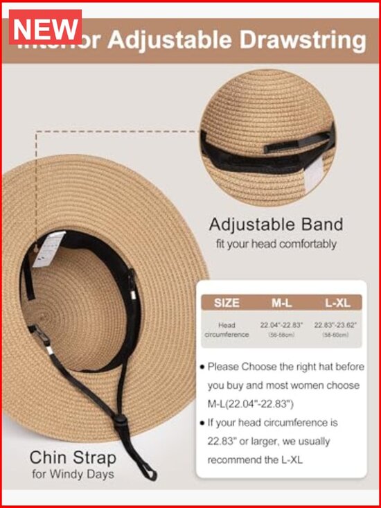 Wide Brim Straw Sun Hat with UV Protection, Packable main image 4